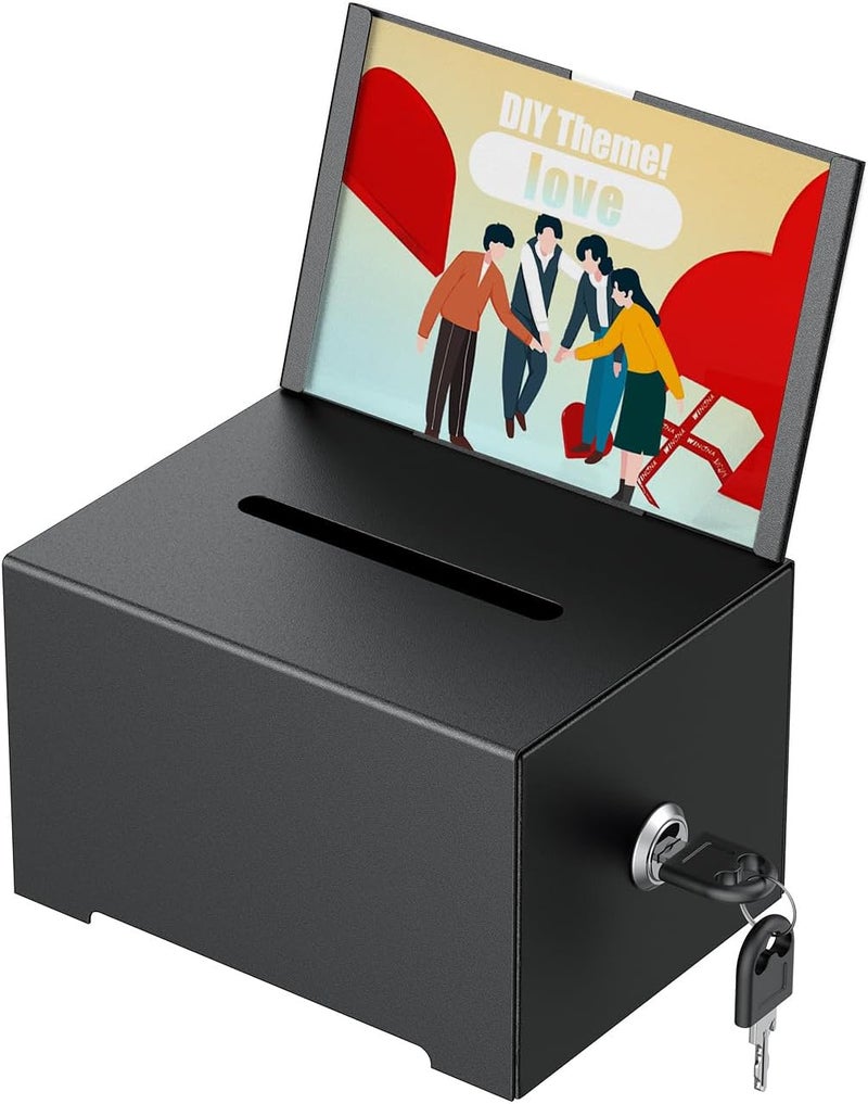 Uniclife Metal Donation Box for Fundraising, Suggestion Box with Slot and Lock, Black Ballot Boxes with Sign Holder, Storage Container for Voting Charity Tip Collection, 6.4" x 4.7" x 4" - Image 1